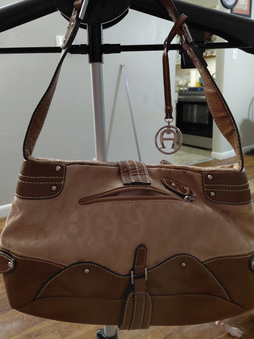 Etienne Aigner Tan and Brown Shoulder Bag with Logo Charm